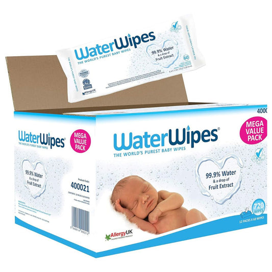 Waterwipes Mega Value Box Baby Wipes Pack Of 12 Pouches X 60 Sheets, 720 Wipes, White